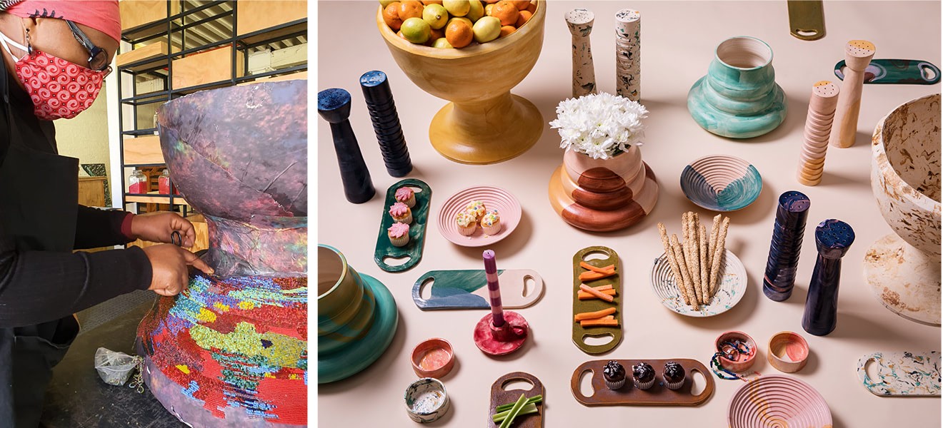 Mjo collaborated with skilled crafters; The new “Presents from Joburg” collection of ceramics and tableware, created in collaboration with Cape Town ceramist Aleri Odendaal.